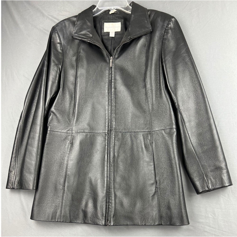 Worthington Leather Jacket Womens Medium Black Zip Front Mid Length Coat Good